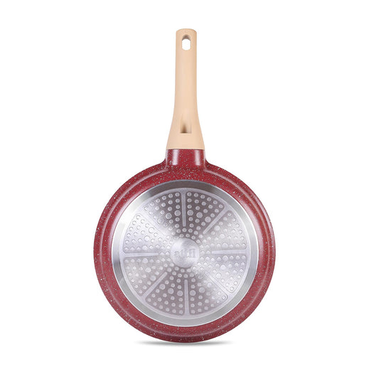 ATTIL - 28 cm Non-Stick Fry Pan with Glass Lid and Silicone Spatula - Induction Base - Granite Cookware Frying Pan - 2.5 LTR - Granite Red