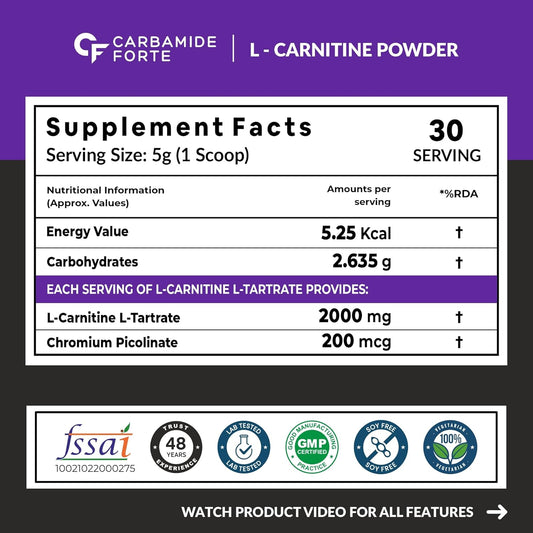 Carbamide Forte L Carnitine Powder for Men & Women | L-Carnitine L Tartrate 2000mg Supplement For Women & Men | L Carnitine Powder Pre Workout, Intra Workout & Post Workout Supplement | L Carnitine Supplement Black Current Flavour - 150g
