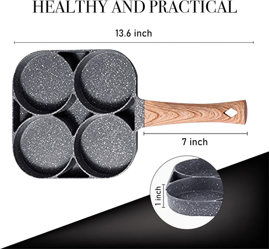 Cazuela 4 Cups Egg Pan Omelette Pan Frying Pan Egg Frying Pan 4 Cup Crepe Pan Granite Egg Cooker Breakfast Pancakes Pan Suitable for Gas Stove & Induction Cookware (Wood Grain Handle)
