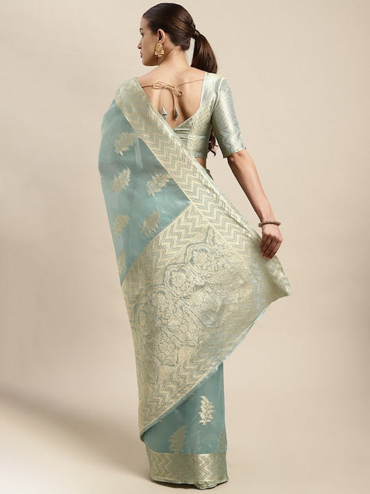 Blue & Gold-Toned Ethnic Motifs Zari Organza Kanjeevaram Saree