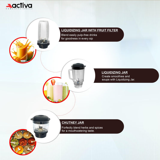 ACTIVA Easy Mix Nutri 2 Jar Mixer Grinder Powerful 500 Watt Motor | Long Lasting Shock Proof Abs Body | Heavy Duty Motor With Nano - Grinding Technology, Black come with 2 year warranty