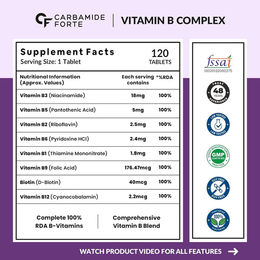 Carbamide Forte Vitamin B-Complex Tablets - 100% RDA for B Vitamins with B1, B2, B3, B5, B6, B9 & Vitamin B12 | Vitamin B Complex Supplements for Women & Men - 120 Vegetarian Tablets