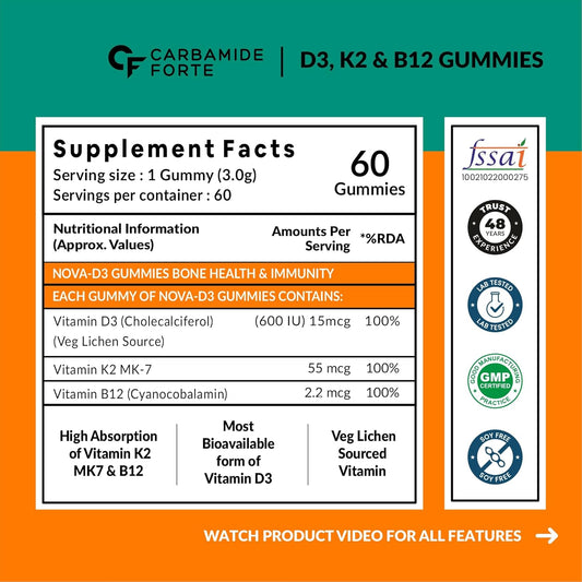 Carbamide Forte Vitamin D3 K2 MK7 & B12 Gummies | Vitamin B12 supplements | Vitamin D3 supplement & b12 for Women, Men & Kids | Mango Flavoured - 60 Veg Gummies