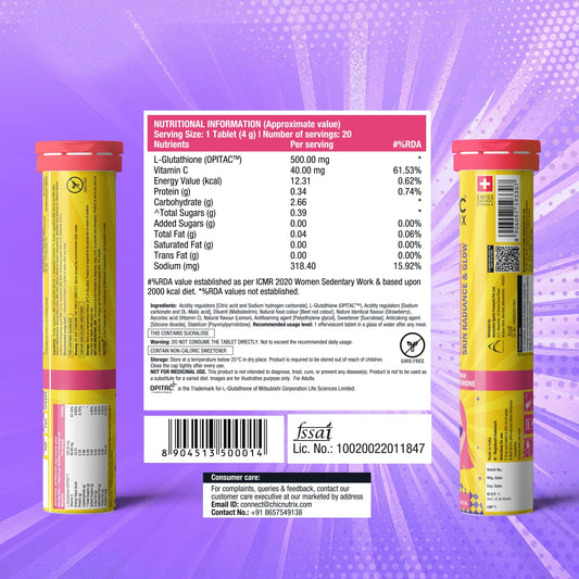 Chicnutrix Glow 500mg Effervescent Tablets - Strawberry & Lemon Flavor, For Glow & Radiance Skin
