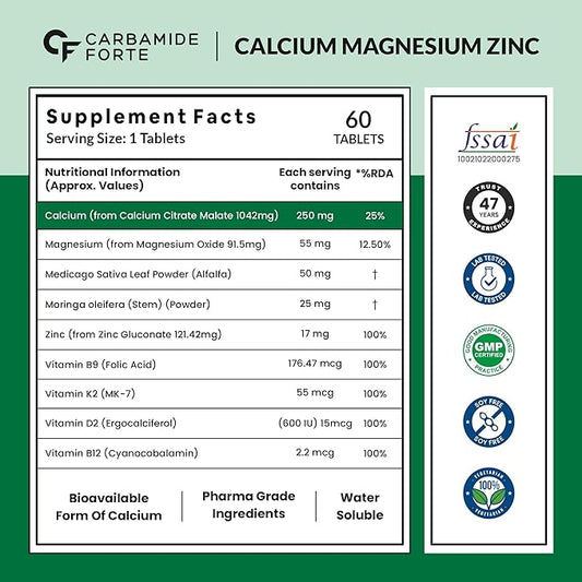 Carbamide Forte Calcium & Vitamin D3 Tablets | Calcium Tablets for Women & Man | Calcium Magnesium Zinc Tablets | Bone Health & Joint Support - 60 Calcium Tablets for Man