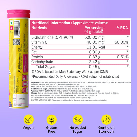 Chicnutrix Glow- 20 Effervescent Tablets| Japanese Glutathione & Vit. C| Antioxidants for clear, glowing skin| Sugar-free, Strawberry-lemon flavour