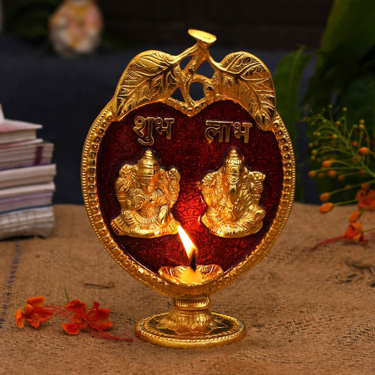 Collectible India Laxmi Ganesha Diya Idol Statue- Brass Gold Finish Diya Oil Lamp Ganesh Lakshmi Showpiece Shubh Labh Home Office Decor Pujan Puja Diwali Decoration (Golden)
