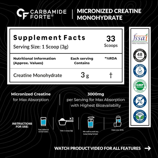 Carbamide Forte Micronised Creatine Monohydrate Powder | Creatine Supplement for Lean Muscle Volumization, Strength & Energy - Unflavoured - 33 Servings - 100g