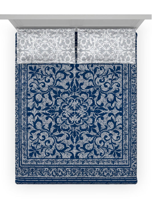 DDecor Blue & White Ethnic Motifs Cotton 140 TC King Bedsheet With 2 Pillow Covers