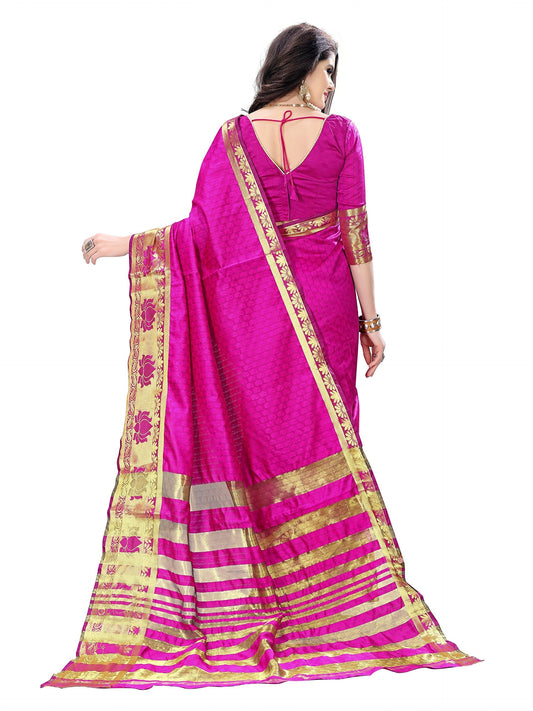 ANNI DESIGNER Art Décor Women's Self Jacquard Cotton Silk Lotus Pink Color Saree With Blouse_Free Size
