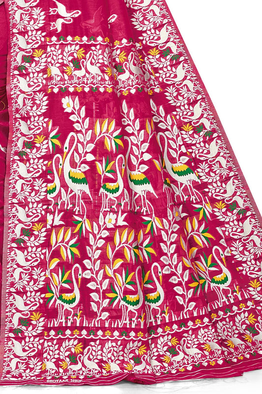 BROYAAR SHOP Jamdani Designer Cotton Blend Silk Saree for Women Without Blouse (Rani)