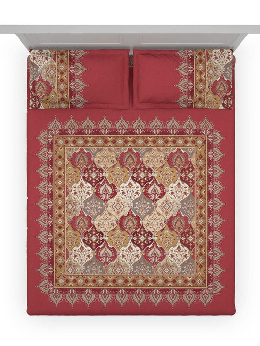 DDecor Red & White Ethnic Motifs Cotton 140 TC King Bedsheet with 2 Pillow Covers