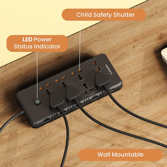Ambrane Extension Board, 11 Ports with(2 Type C PD Ports + 7 Power Ports + 2 USB Ports) Smart Electric Surge Protector Multi Plug with 2500W, 3Mtr Cord Length, 2.1A USB Output (Smartstrip +, Black)