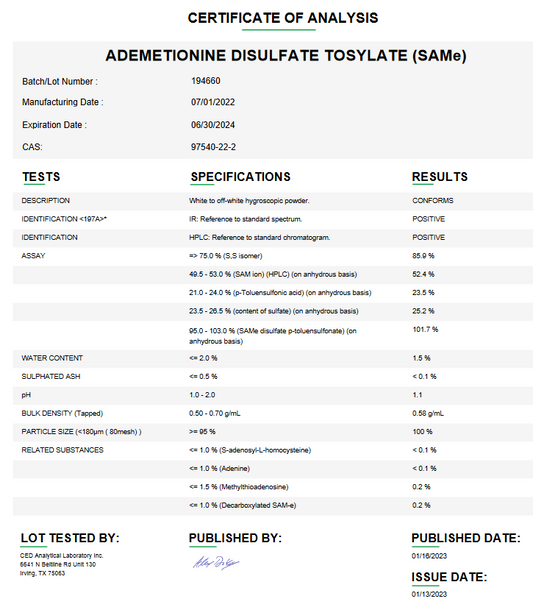 Ademetionine Disulfate Tosylate (SAMe) USP For Compounding (API) 1 Kilogram (Rx)
