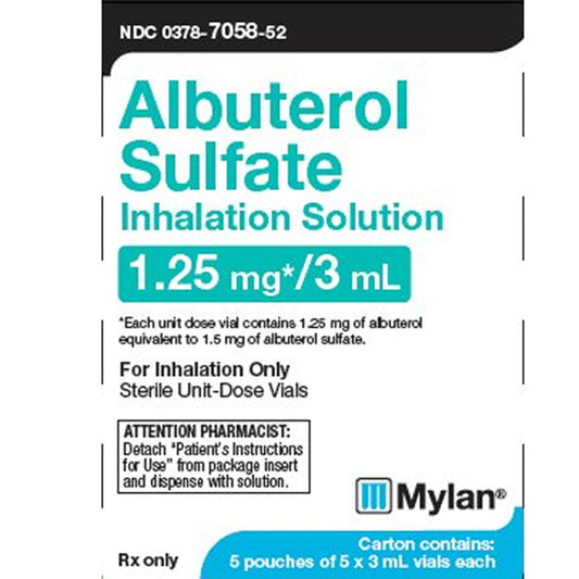 Albuterol Sulfate for Inhalation 1.25 mg Ampules by Mylan 3 mL x 25/Box (Rx)