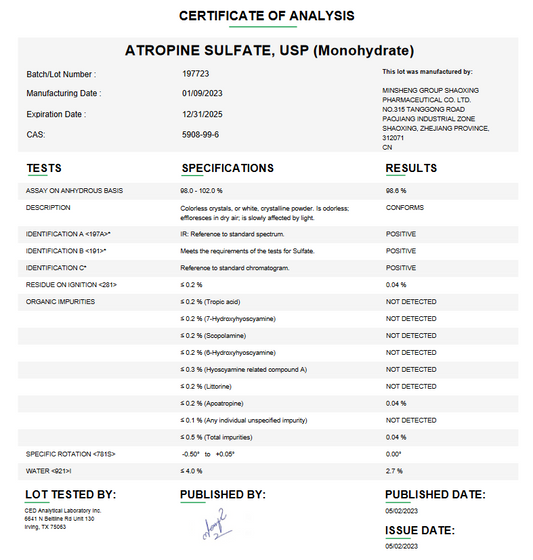 Atropine Sulfate USP (Monohydrate) For Compounding (API) (Rx)