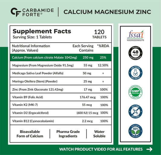Carbamide Forte Calcium & Vitamin D3 Tablets | Calcium Magnesium Zinc - Bone Health & Joint Support - 120 Tablets