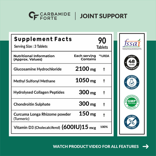 Carbamide Forte Glucosamine Tablets for Joint- Joint Support Supplement with Collagen & Glucosamine Chondroitin MSM | Joint Cartilage Support & Muscle Health | Joint Pain Tablets - 90