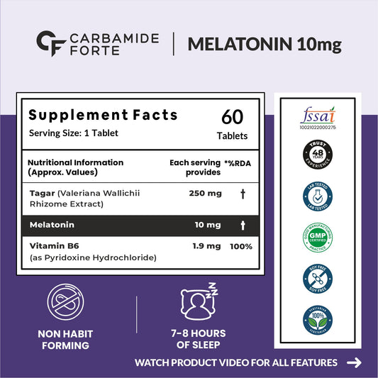 Carbamide Forte Melatonin 10 mg Sleeping Pills with Tagar 250 mg | Sleep Supplement for Men & Women | Melatonin Tablet for Restful Deep Sleeps - 60 Veg Tablets.