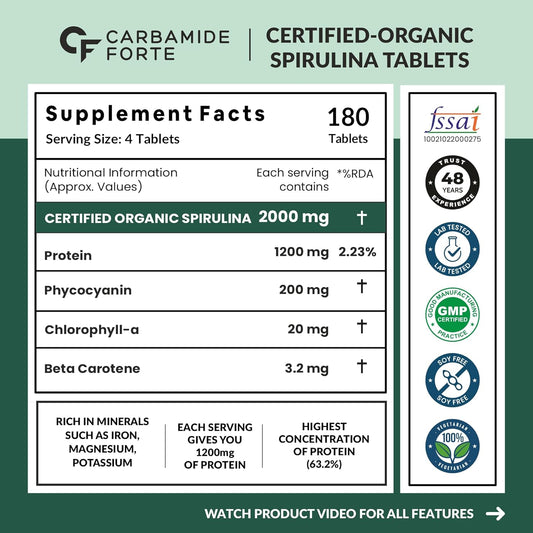 Carbamide Forte Organic Spirulina Tablets 2000 mg Per Serving - Spirulina Supplement | Supports Energy, Immunity & Detox | Certified Spirulina Organic Tablet - Veg 180 Tablets