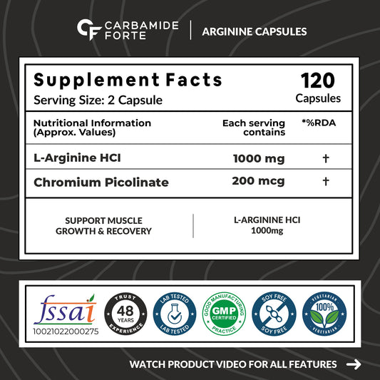 Carbamide Forte L-Arginine, Creatine 1000mg Supplement for Adults Per Serving -Veg Capsules 120 Count