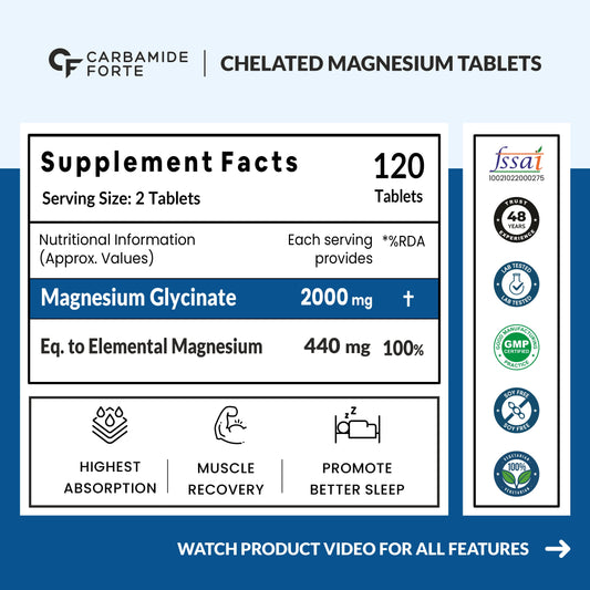 Carbamide Forte Chelated Magnesium Glycinate Tablets | 2000mg Per Serving | Magnesium Supplement Supports Muscle Recovery & Better Sleep - 120 Veg Magnesium Tablets