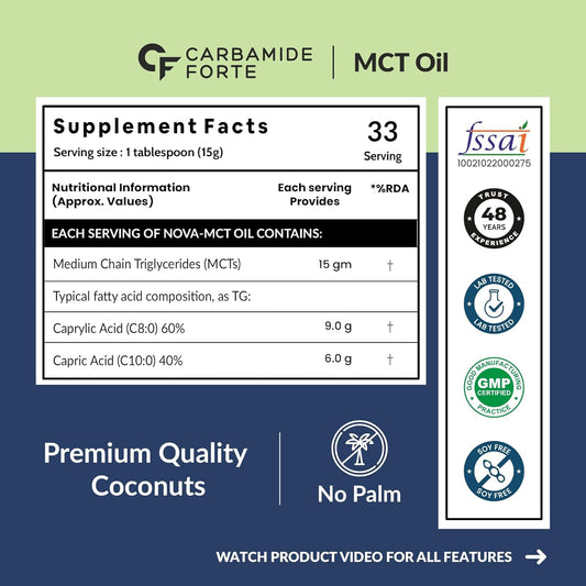 Carbamide Forte Pure MCT Oil C8 From USA | 100% Coconut Source | Keto & Paleo Friendly - 500ml Vegetarian Oil