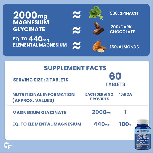 Carbamide Forte Chelated Magnesium Glycinate Supplement 2000mg- 60 Veg Tablets