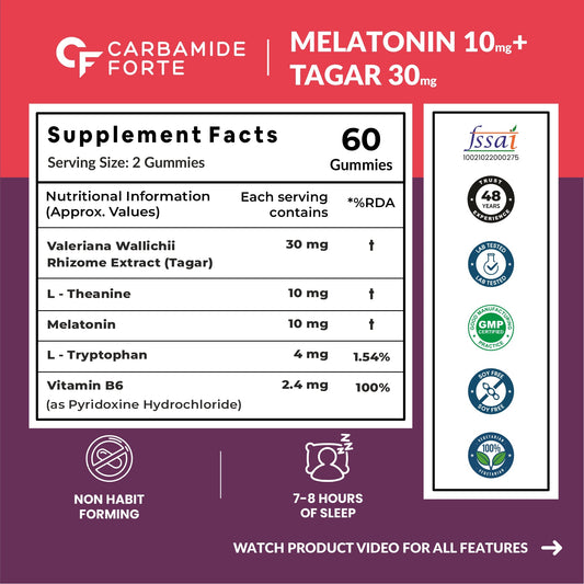 Carbamide Forte Melatonin 10 mg sleep Gummies - with TAGARA, L Tryptophan & Vitamin B6 | Sleep Supplements – 60 Veg Gummies