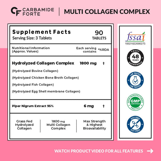 Carbamide Forte Collagen Supplements with Multi Collagen Tablets for Women & Men | Hydrolyzed Collagen Peptides With 5 Types of Collagen Powder | Collagen Supplements for Skin & Joint Support | Collagen Supplement for Women & Men - 90 Tablets