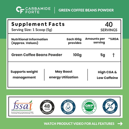 Carbamide Forte Green Coffee Beans Powder for Weight Loss with High CGA & Low Caffeine - 200g Veg Powder