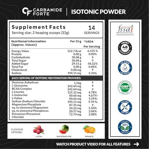Carbamide Forte Isotonic Powder | Pre Workout Supplement For Men And Women| Instant Energy Drink for PreWorkout | Electrolytes Powder with added BCAA & L Glutamine - Litchi Flavour - 500g (Pack of 1)