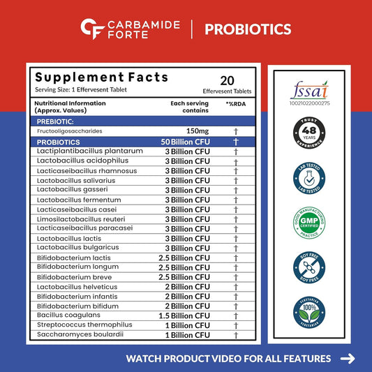 Carbamide Forte Probiotics for Gut Health | Probiotics Effervescent | Gut Health Supplements | Probiotics Supplements for Support Digestion & Immunity - 20 Effervescent Tablets