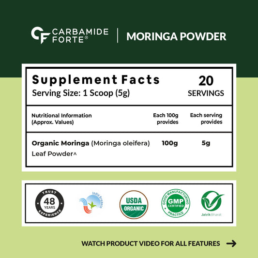 Carbamide Forte 100% Moringa Powder Organic - USDA Certified | Moringa Leaves Powder Organic for Immunity, Digestion & Energy | 100g