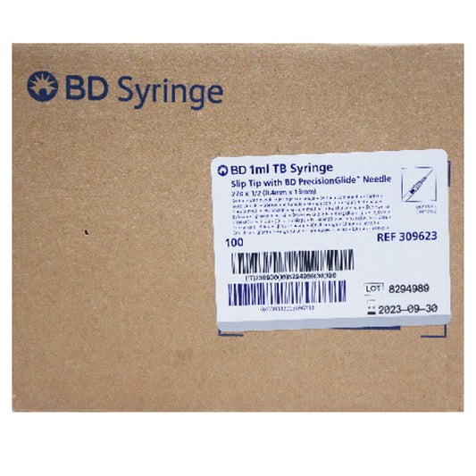 BD Tuberculin Syringes 1 mL with 27 Gauge x 0.5 inch Needle, Regular Wall, Slip-Tip 100/Box