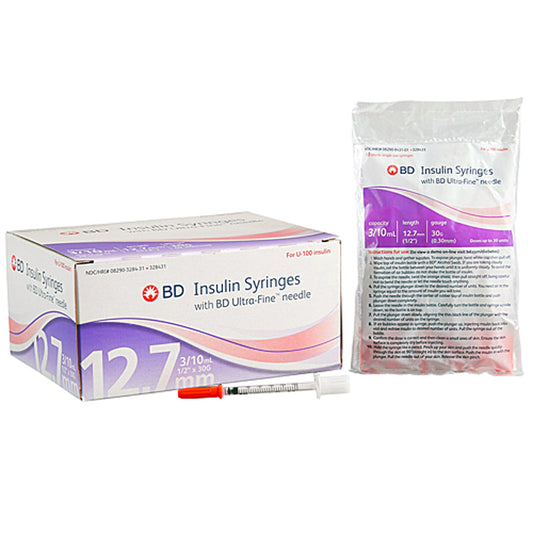 BD 30 gauge x 1/2" Insulin Syringes 0.3 mL with Ultra-Fine Needle, Non-Safety 100/box