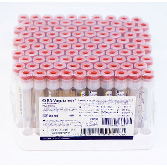 BD Vacutainer No Additive (Z) 6 mL Blood Collection Tubes 13mm x 100mm, 100/box