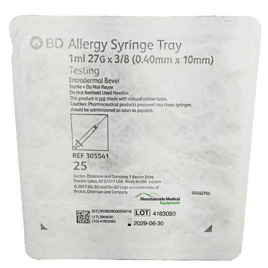 BD Allergist Tray 27 gauge x 3/8 Syringes, 1 mL Thin Wall, 25 Count