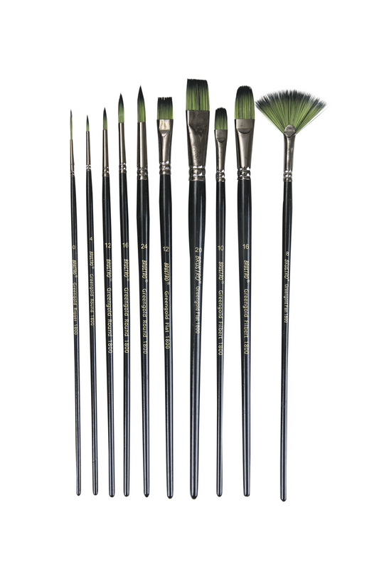 Brustro Artists Greengold Acrylic Brushes Assorted Set of 10. (Comes in an Elegant Black Zippered Wallet)