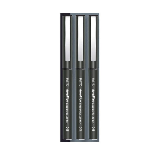 BRUSTRO AeroFlow Liquid Ink Rollerball Pens | Black | 0.5mm, Micro Tip | Pack of 3 | Ideal for Students, Professionals, Office, Exam use, Accurate Smooth Writing, Waterproof, Fade Resistant