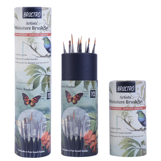 BRUSTRO Artists’ Miniature Precision Brushes - Set of 12 | Synthetic Bristles, Detail Fine Tip | Ideal for Watercolour, Acrylic, Gouache & Oil Colors , Art Painting Tools, Paint Brush Set.