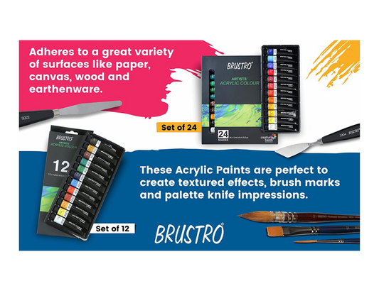 BRUSTRO Acrylic Paint colour set | Set of 24 Colours X 12ml Tubes | Highly pigmented, Intermixable, Perfect For Students, Adults, Beginners, Professionals and Artists