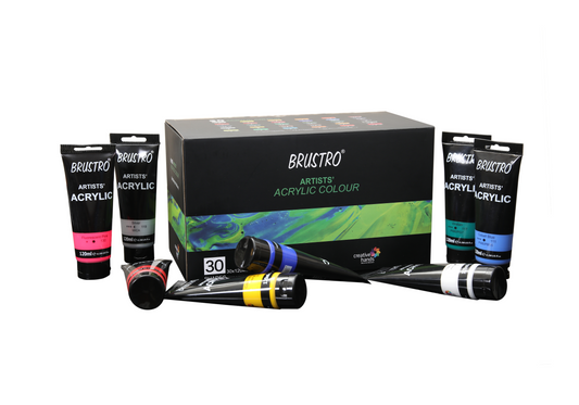 Brustro Artists' Acrylic 120ml, Pack of 5 Primary Shades (Titanium White, Cad Yellow, Ultramarine, Cadmium Red & Ivory Black)