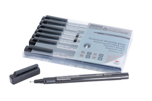 Brustro Professional Pigment Based Fineliner - Set of 8 (Black)