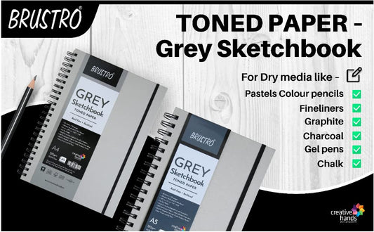 BRUSTRO Toned Paper - Grey Sketchbook | A4, 120 GSM | 60 Sheets/120 Pages | Wiro Bound, Spiral, Premium, Acid-free Paper, Ideal for Dry media, Mandala Art, Graphite, Charcoal, Colour pencils, Gel pens