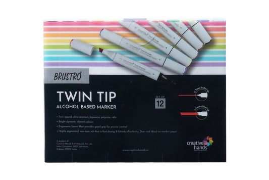 BRUSTRO Twin Tip Alcohol Based Marker Set of 12 - Basic B in Crossline PP See Through Box