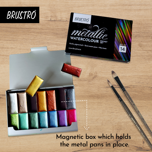 BRUSTRO Artist Metallic Watercolour Half Pans Set of 14