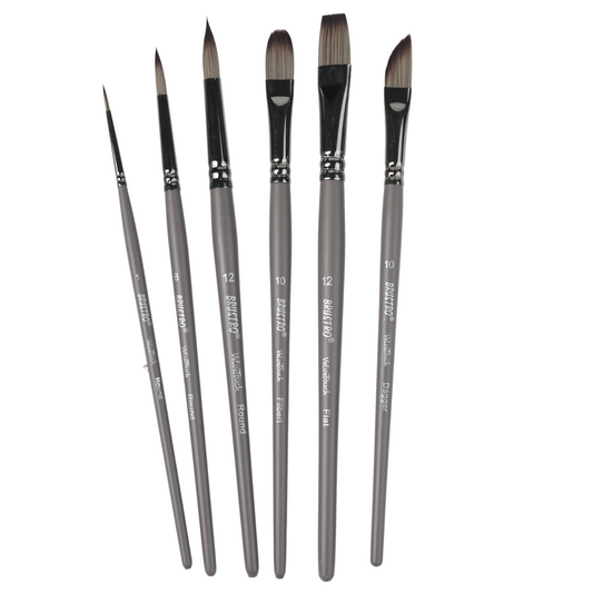 BRUSTRO VelveTouch Artist Brushes | Set of 6 | Gouache, Acrylics, Watercolor, and Oil Painting | Short Handle, Synthetic Bristles, Round, Filbert, Dagger, Flat Shape