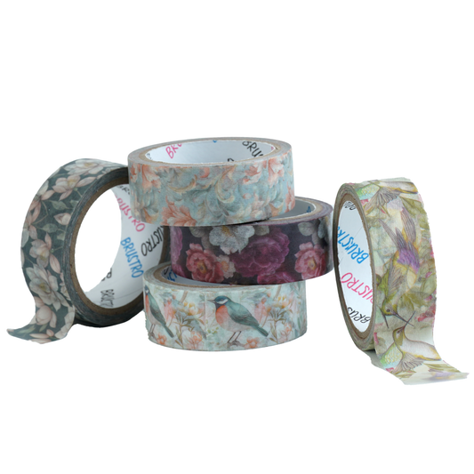 BRUSTRO Washi Masking Tapes |Flora and Fauna Shade|15 mm x 5 mtrs (Set of 5)| Low Tack Adhesive, Ideal For Scrapbooking, Watercolor, Planners, Card/Gift Wrapping, DIY Decor and Craft Supplies