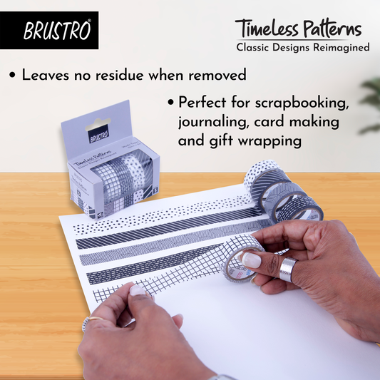 BRUSTRO Timeless Patterns Washi Tapes | Set of 5 | 15 mm x 5 mtrs | Low Tack Adhesive, Ideal for Scrapbooking, Planners, Card/Gift Wrapping, DIY, Home Decor, Art & Craft Supplies